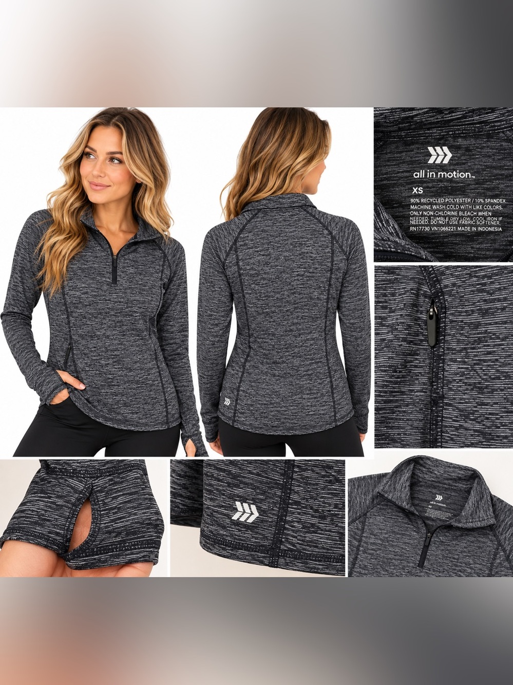 All in Motion Women’s XS Black Gray Heather 1/4 Zip Athletic Pullover Thumbholes